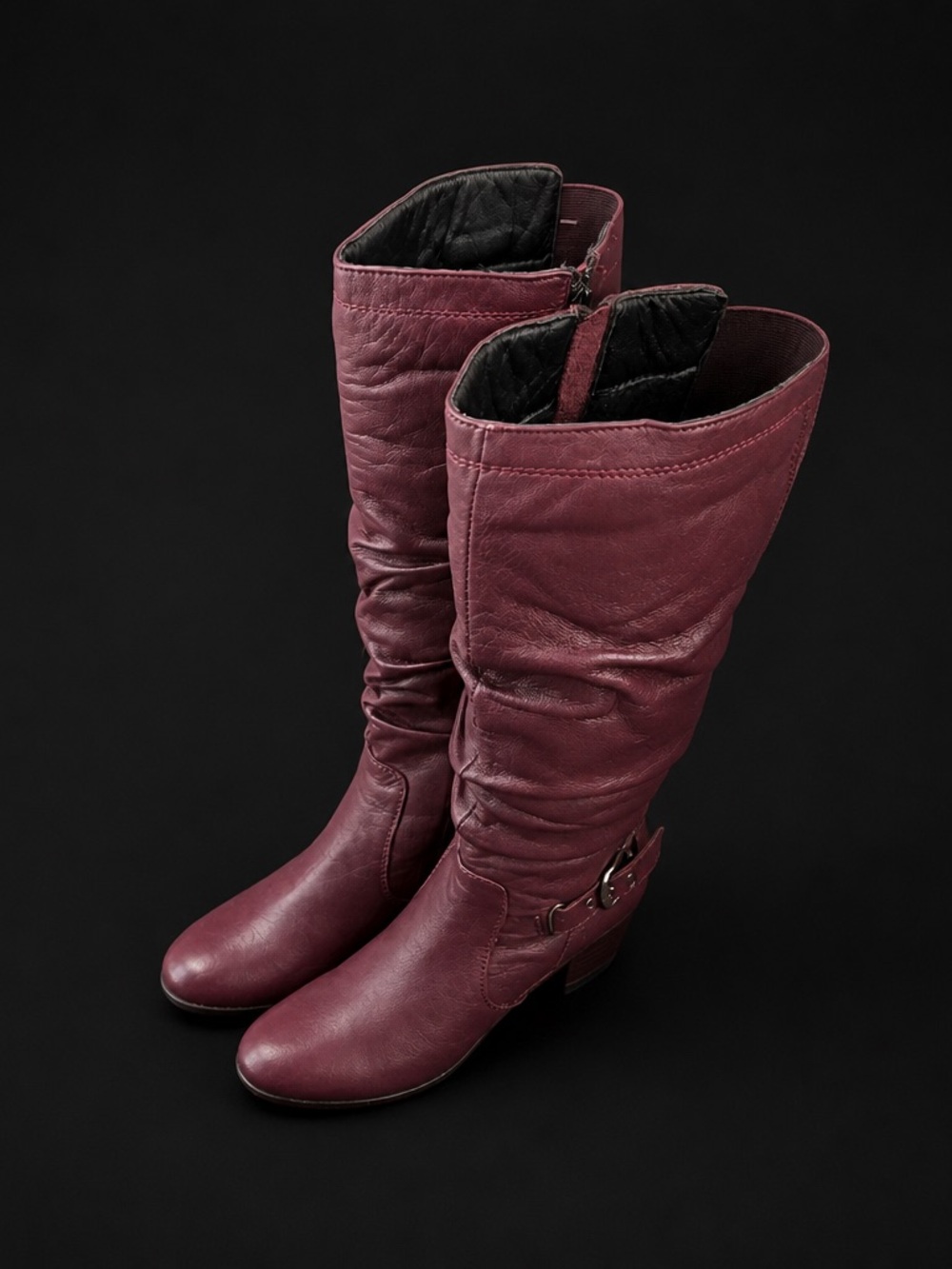 Women's Knee-High Slouch Buckle Boots in Wine
